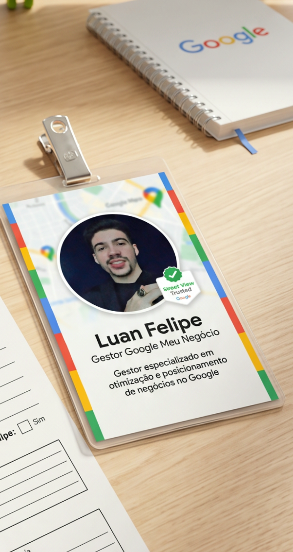 Crachá oficial — Luan Felipe, Gestor Google Meu Negócio, com selo Street View Trusted