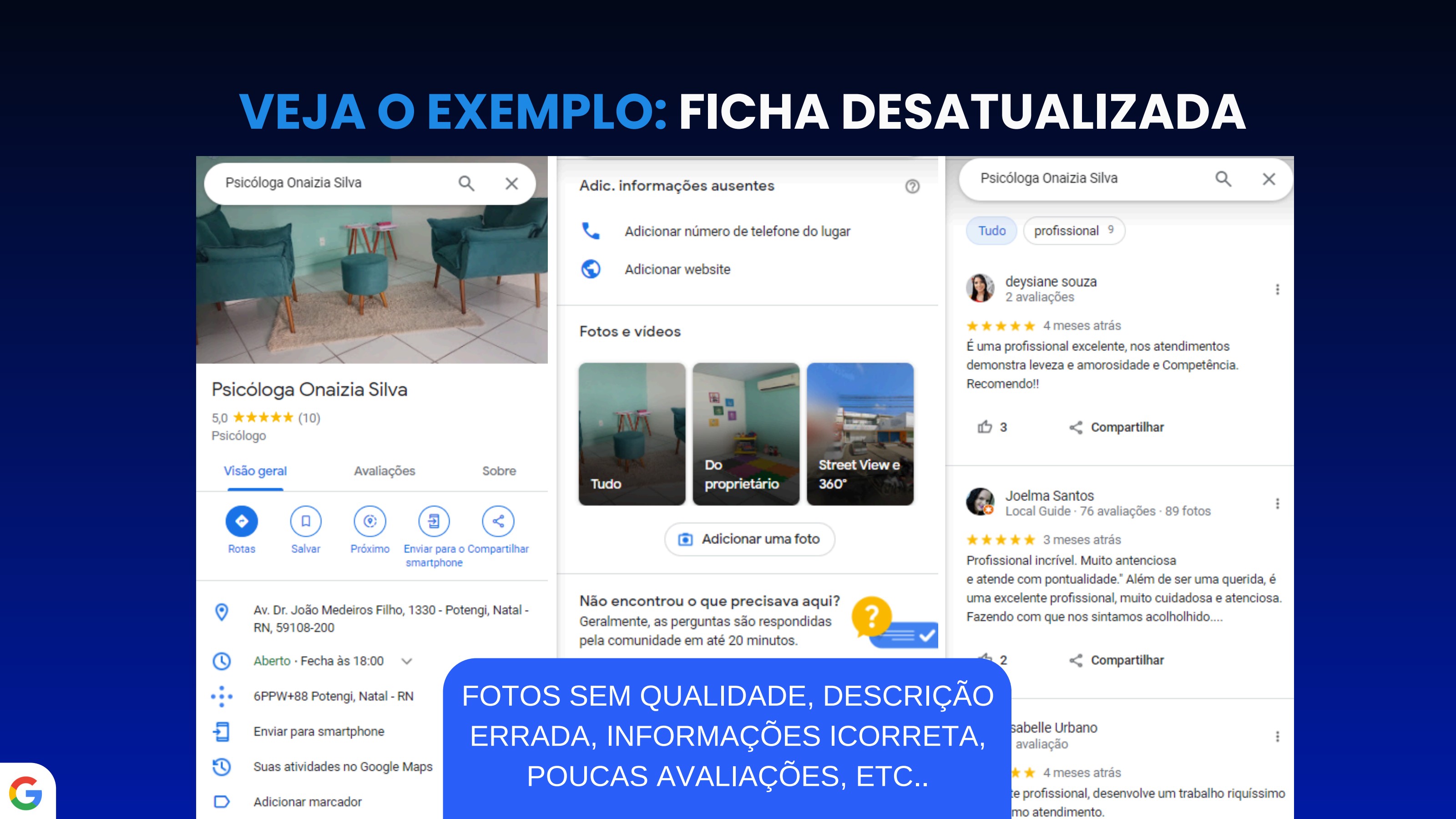 Exemplo de ficha do Google Meu Negócio desatualizada — fotos ruins, sem site, sem telefone e poucas avaliações