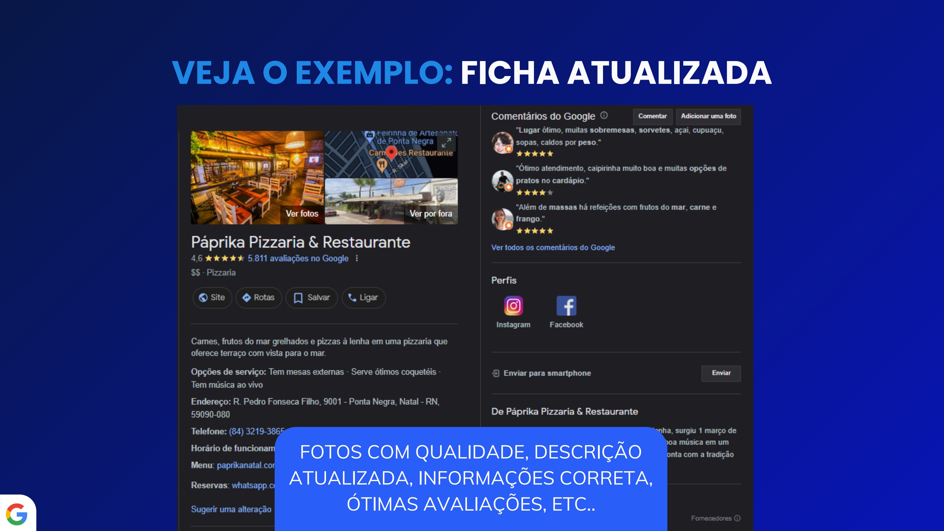 Exemplo de ficha do Google Meu Negócio atualizada — fotos profissionais, descrição completa e milhares de avaliações positivas