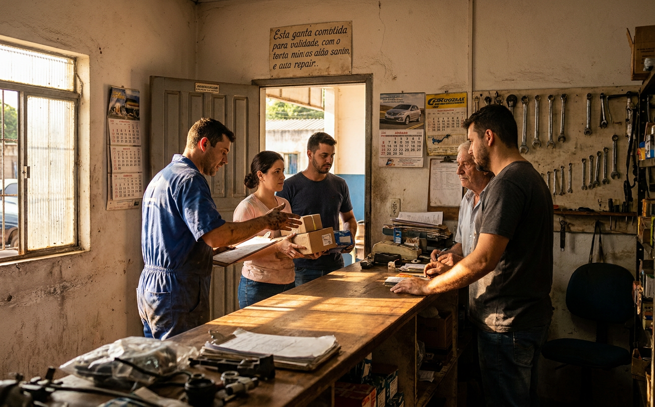 Clientes sendo atendidos no balcão de uma oficina mecânica em Natal sob a luz quente da manhã — Luan Felipe Pro Natal/RN