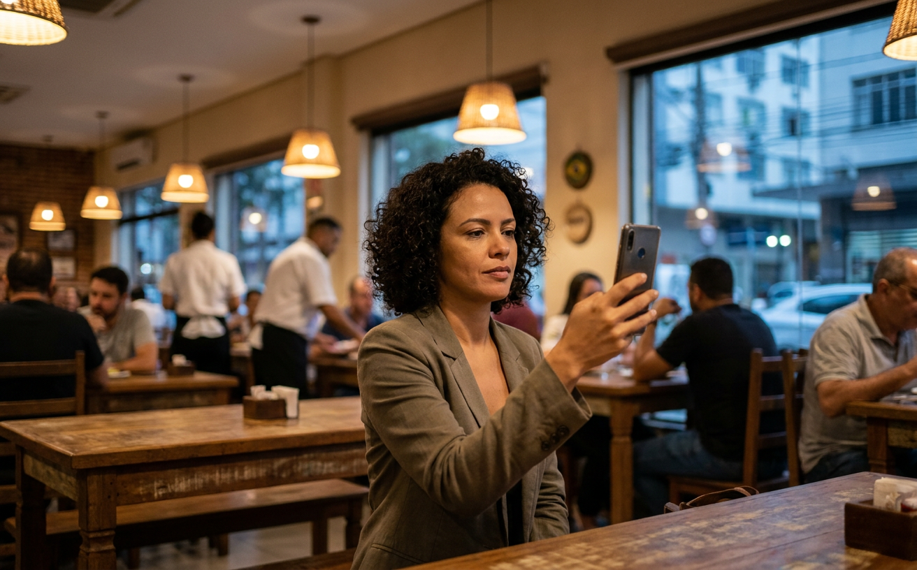 Dona de restaurante na faixa dos 30 anos segurando celular com iluminação aconchegante ao fundo — Luan Felipe Pro Natal/RN