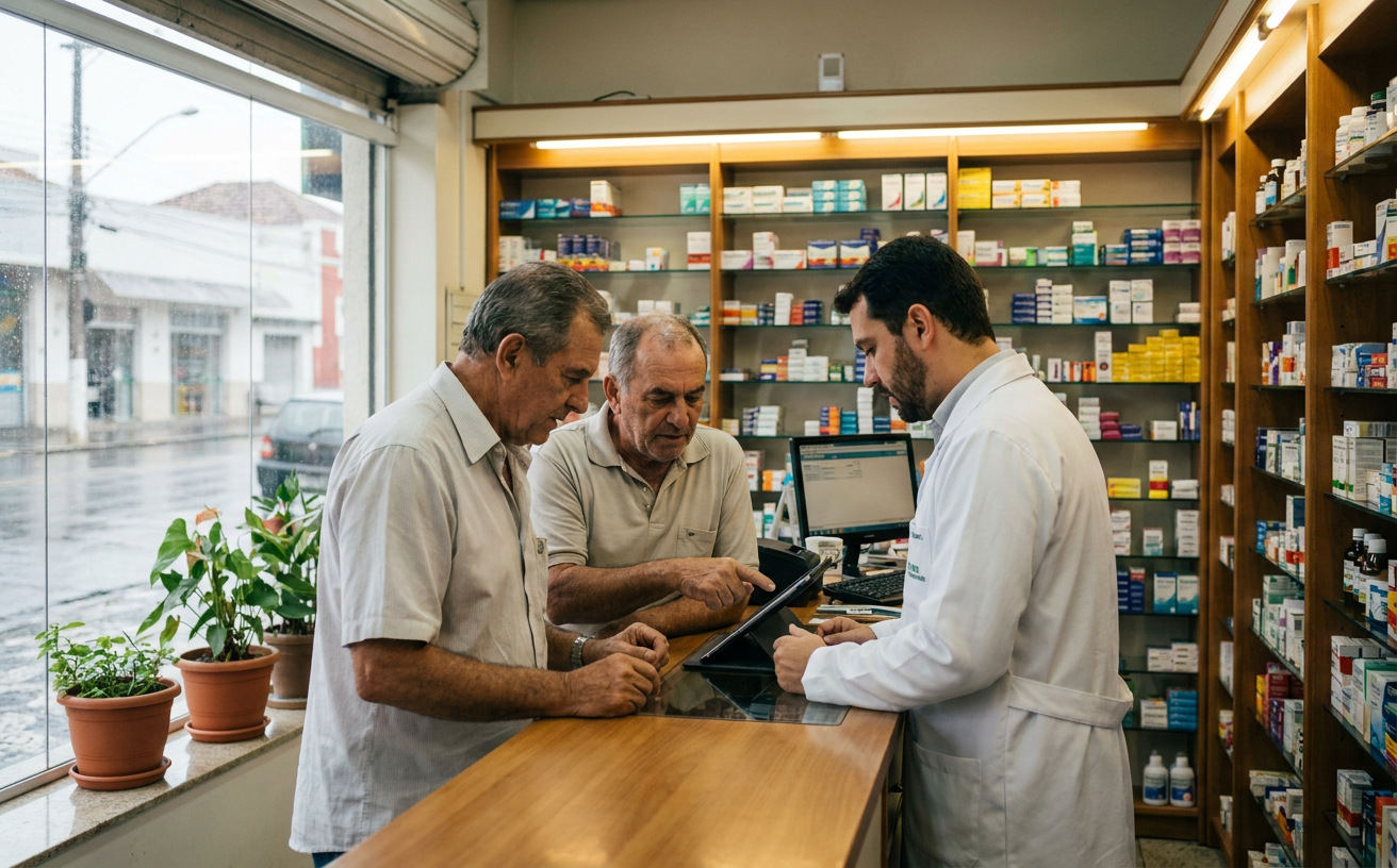Duas sócias analisando dados de desempenho de SEO local em um tablet dentro de uma farmácia moderna em Santa Cruz — Luan Felipe Pro Santa Cruz/RN