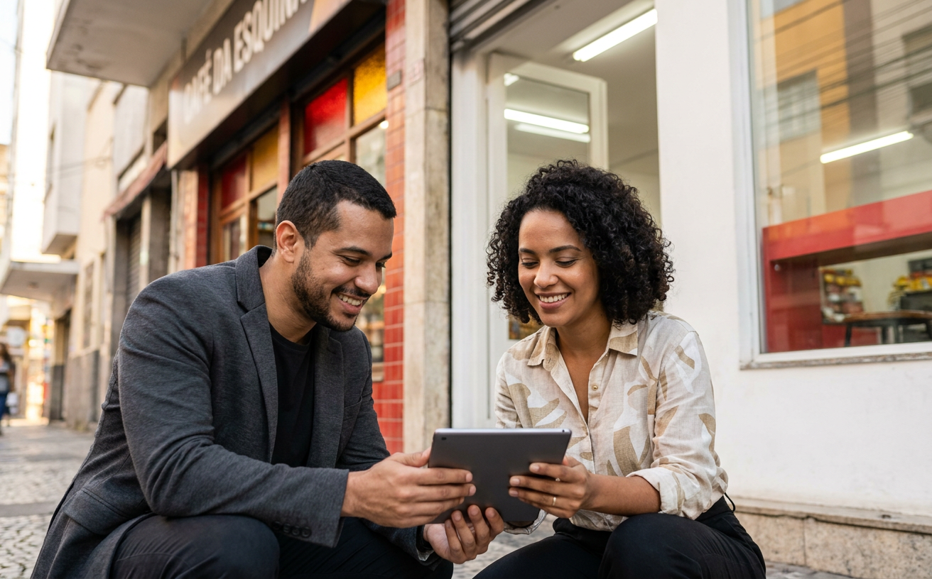 Two business partners reviewing a tablet together, in front of a small shop storefront on the sidewalk, low angle shot, bright neutral indoor lighting, contrasted red and warm tones — Luan Felipe Pro Santa Cruz/RN