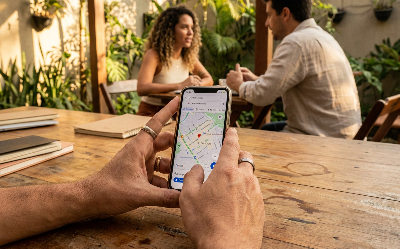 Mãos em close-up usando um aplicativo de mapas no smartphone em cima de uma mesa de escritório estilo coworking — Luan Felipe Pro Santa Cruz/RN