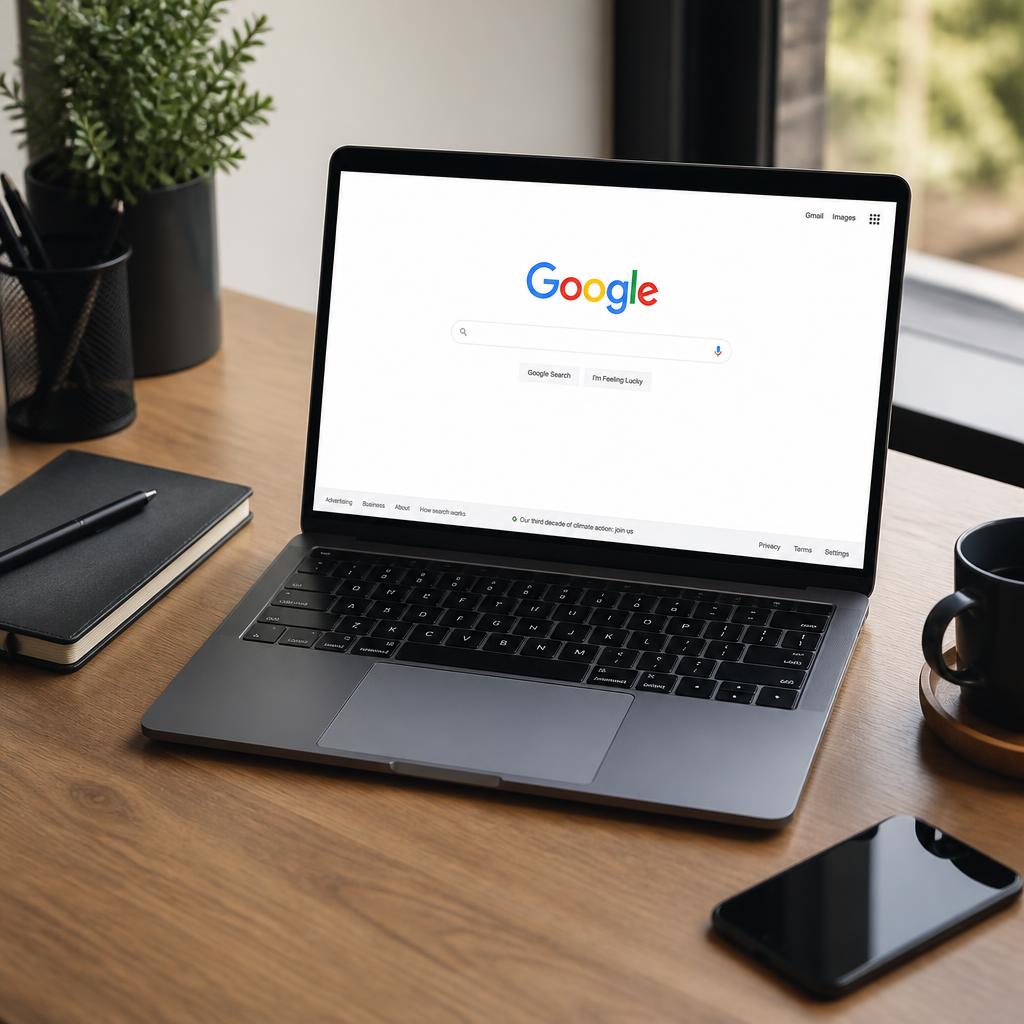 Notebook mostrando busca do Google em escritório — Luan Felipe Pro