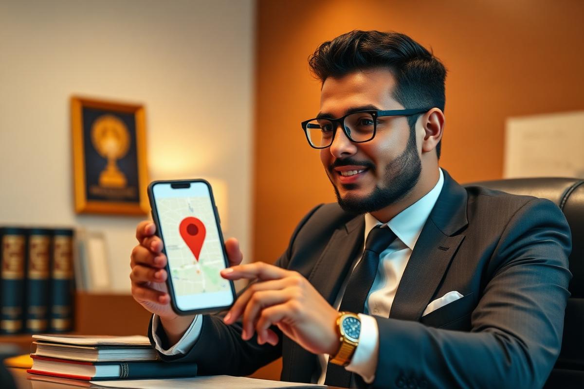 Advogado mostrando a localização do escritório no celular — Luan Felipe Pro