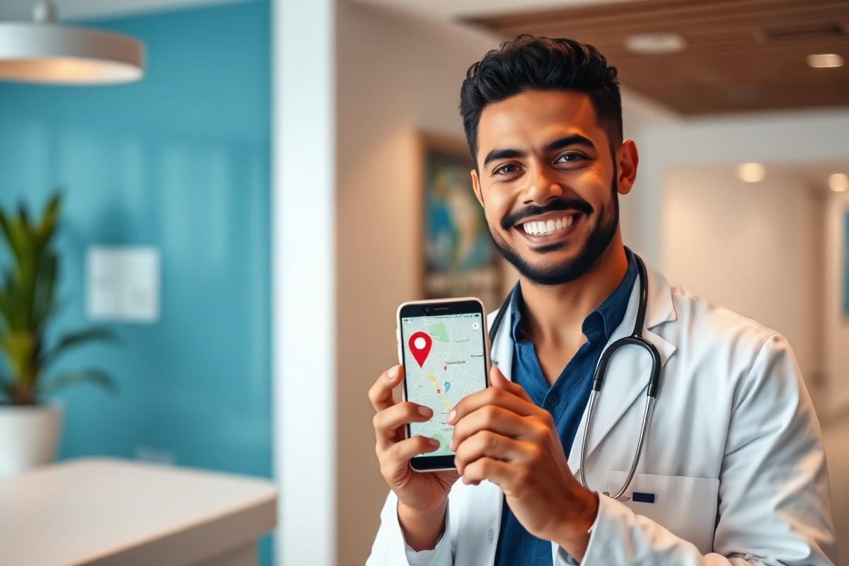 Médico em consultório mostrando a localização da clínica no celular — Luan Felipe Pro