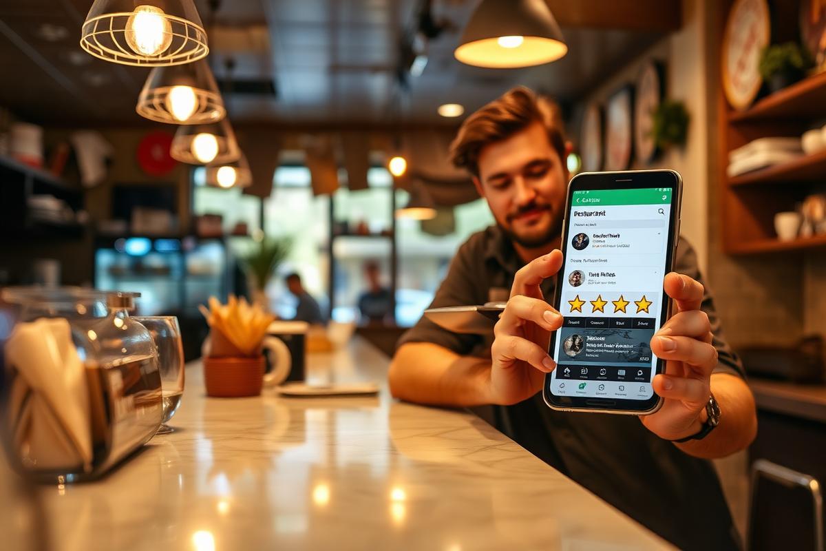 Dono de restaurante mostrando a ficha do estabelecimento com 5 estrelas — Luan Felipe Pro