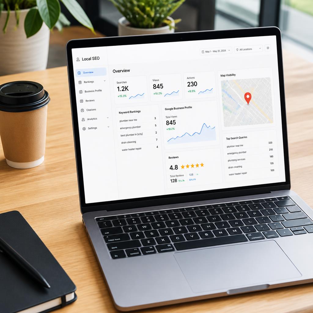 Notebook com painel de SEO e ícone de localização — Luan Felipe Pro Santa Cruz/RN