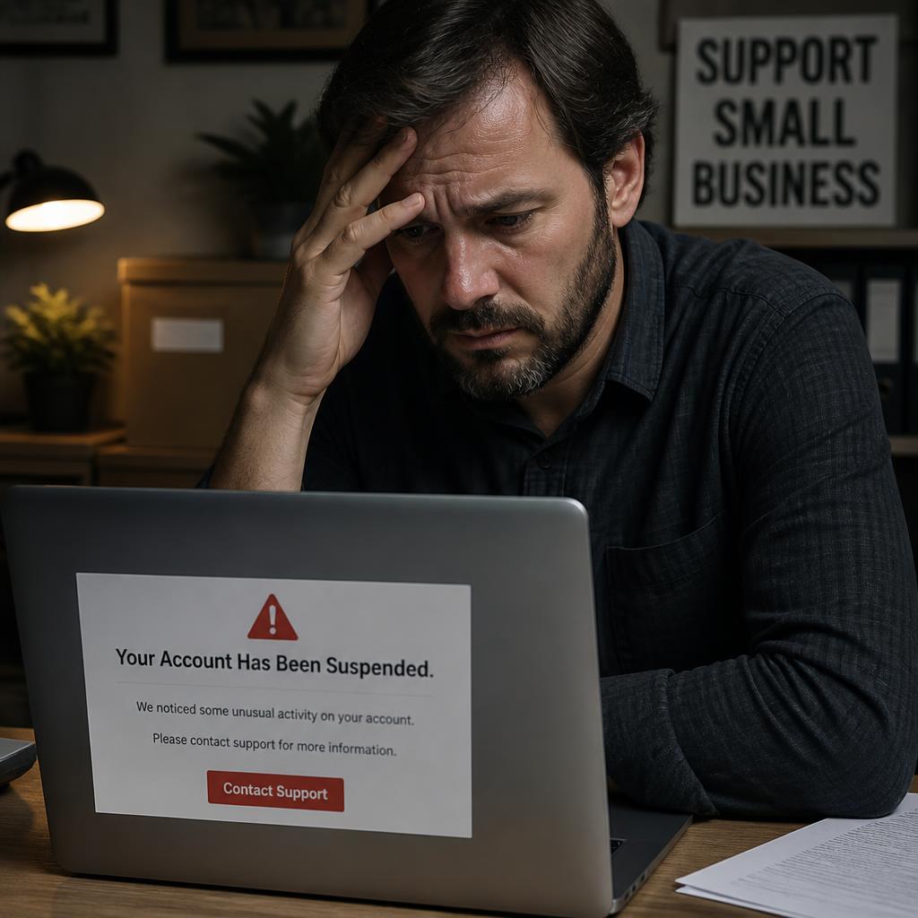 Celular mostrando alerta de conta suspensa no Google — Luan Felipe Pro